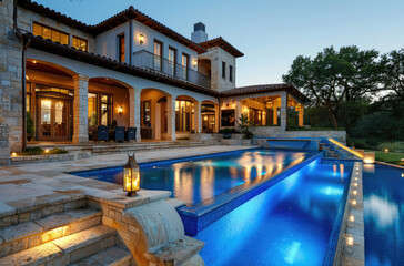 Fototapeta na wymiar A beautiful home with an outdoor pool and lounge area, showcasing the luxurious style of modern Texas homes