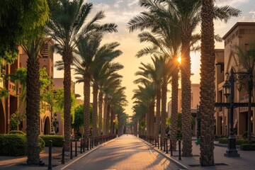 Trees line a street lined with palm trees in a city