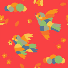 Seamless pattern with abstract birds and flowers on a red background.