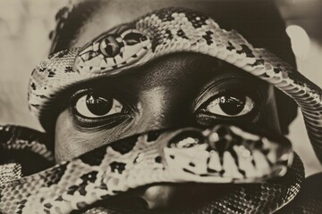 Vintage portrait of mysterious woman with snake draped around her face in black and white photo