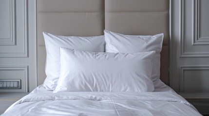 Luxury bedroom interior of white bedding and pillow in hotel room. AI generated image