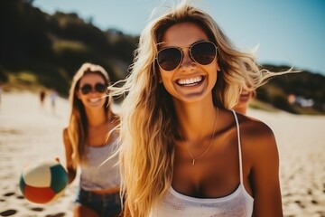 female friends playing beach volleyball