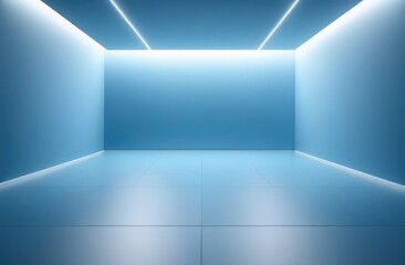 A blue empty room, the walls are illuminated. Minimalistic interior.