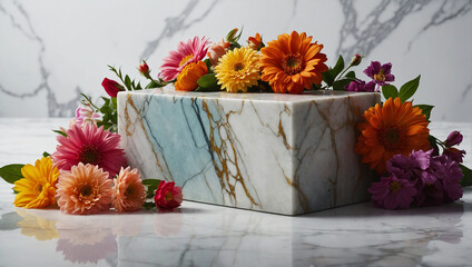 A marble block with colorful flowers around