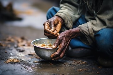 senior homeless man eating on the street - obrazy, fototapety, plakaty