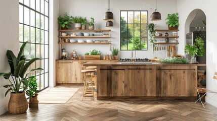 A kitchen with wooden floors and a large island in the middle, AI - Powered by Adobe