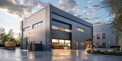 worldher exterior of a modern warehouse with a small office