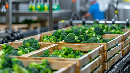 Broccoli vegetable in line production industry factory.