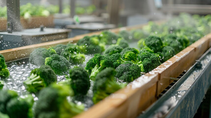Broccoli during washing on conveyor in industry plant before pack.