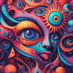 In a mesmerizing display, surreal forms sway in enigmatic hues. Eyes, hearts, and mystical energies intertwine, evoking the essence of the spirit realm. A kaleidoscope of psychedelic art, beckoning vi