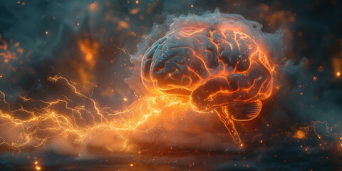 Conceptual illustration of a human brain on fire, representing intense mental activity and creativity - obrazy, fototapety, plakaty