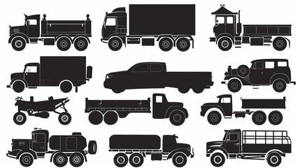 set of simple vehicle silhouettes, isolated on white,  vector illustration. Simple black car or truck silhouettes, on white background. 