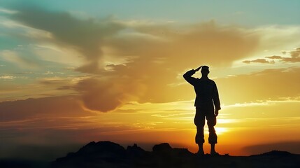 A silhouette of an American soldier saluting against the backdrop of sunset. Independence Day, Memorial Day, Veterans Day
