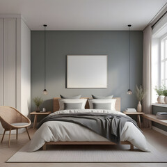 Interior mock-up, cozy contemporary bedroom, Scandinavian style, 3d render