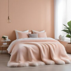 Interior mock-up, cozy girl's peachy fizz bedroom, Scandinavian minimal style, 3d render