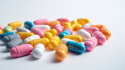 Colored pills on a white background. AI generated.