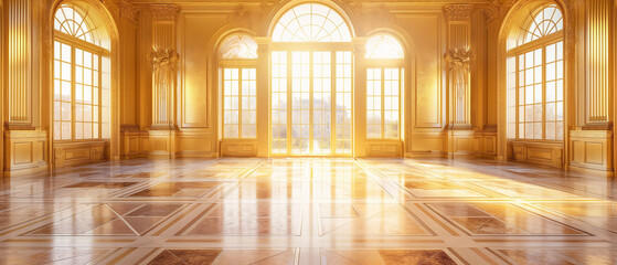 Sunlit Baroque Hall with Gilded Decor and Marble Floors. Copy space. Generative AI	