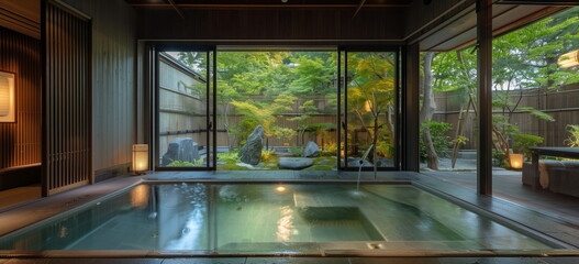 Japanese Hot spring bath. Tradaitonal style architecture ryokan. Wide format. hand edited AI.
