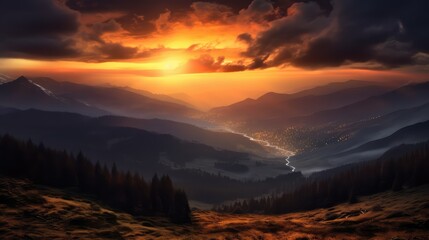 Stunning sunset in the mountains. AI generated.