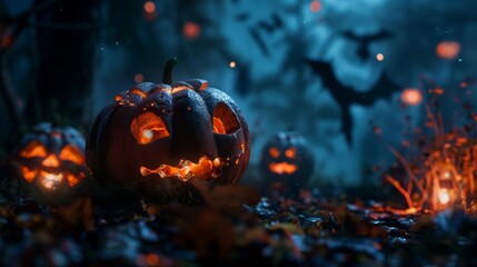 Ominous pumpkins in the night cemetery, banner background for the Halloween holiday