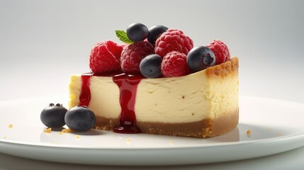Cheesecake with berries on a white plate. AI generated.
