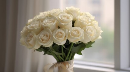 Beautiful wedding bouquet of white roses. AI generated.