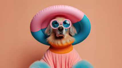 Fototapeta premium Funny dog wearing summer fashion on pastel background with copy space. Summer Vacation Concept.