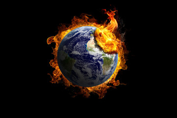 Earth burning in flames concept of global warming and catastrophe. This image elements furnished by...