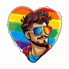 Lgbtq vector illustration. Rainbow lgbtq flag and portrait of man in glasses in rainbow heart