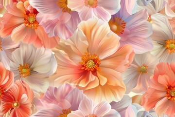 Colorful Poppy Floral Pattern Background with a Variety of Blooming Flowers and Petals in Different Hues and Shades