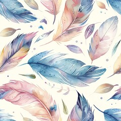 Ethereal boho feathers in a seamless pattern, watercolor style with soft, dreamy hues, ideal for nursery decor. Seamless Pattern, Fabric Pattern, Tumbler Wrap, Mug Wrap.