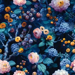 Obraz premium Lush Serene Night Garden Floral Pattern in Stylish Art