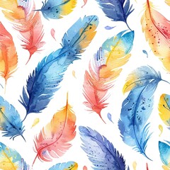 Whimsical watercolor feathers in a boho seamless pattern, playful colors, ideal for children's fashion and decor. Seamless Pattern, Fabric Pattern, Tumbler Wrap, Mug Wrap.