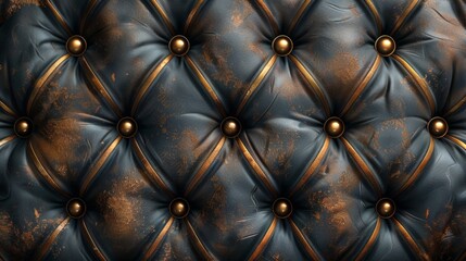 Close-up of a luxurious black leather tufted upholstery with intricate golden patterns and buttons.