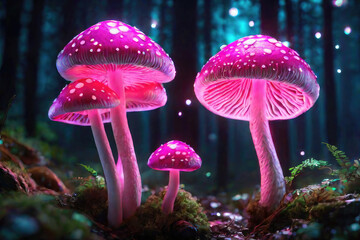 Fototapeta premium Generative AI, Beautiful and awesome neon colorful mushrooms, Magical views of neon colorful mushrooms, Beautiful view of neon colorful mushrooms in the thickets of forest bushes, small neon mushrooms