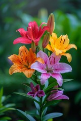 A bouquet of colorful lilies with a green background. The flowers are in various colors, including pink, orange, and yellow. The arrangement is vibrant and lively, creating a cheerful