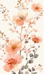 A watercolor painting of a flowery tree with pink flowers. The painting has a serene and calming mood, with the flowers appearing to be in full bloom. The colors are vibrant