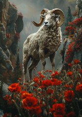 A ram stands in a field of red flowers. The ram is the main focus of the image, and the red flowers provide a striking contrast to the animal's white fur. Concept of tranquility and natural beauty
