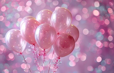 Pink balloons are tied together in a bunch