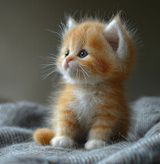 A cute orange and white kitten is sitting on a blanket. The kitten has a curious look on its face and is looking up at the camera. Concept of warmth and innocence