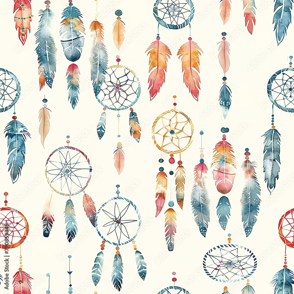 Wall mural Whimsical seamless pattern of watercolor boho dreamcatchers, playful and colorful, ideal for kids' room curtains. Seamless Pattern, Fabric Pattern, Tumbler Wrap, Mug Wrap.