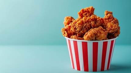 A red and white paper cup filled with fried chicken. Concept of indulgence and comfort, as the fried chicken is a popular comfort food