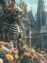 A skeleton is standing in a field of flowers. The skeleton is surrounded by a variety of flowers, including daisies, roses, and sunflowers. The scene is peaceful and serene