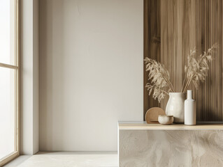 Fototapeta na wymiar Minimalist interiors decor composition in neutral tones, natural lighting and serene ambients