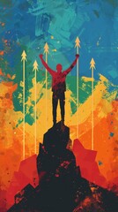 A man is standing on a mountain with a banner that says "up" above him. The banner is surrounded by arrows pointing upwards, and the man is holding his arms up in the air