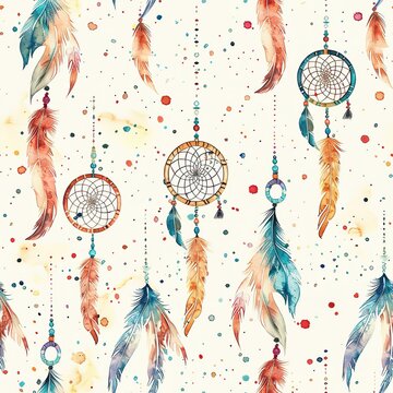 Whimsical seamless pattern of watercolor boho dreamcatchers, playful and colorful, ideal for kids' room curtains. Seamless Pattern, Fabric Pattern, Tumbler Wrap, Mug Wrap.