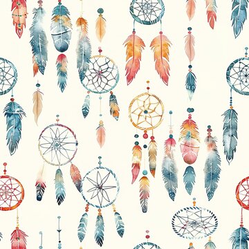 Whimsical seamless pattern of watercolor boho dreamcatchers, playful and colorful, ideal for kids' room curtains. Seamless Pattern, Fabric Pattern, Tumbler Wrap, Mug Wrap.
