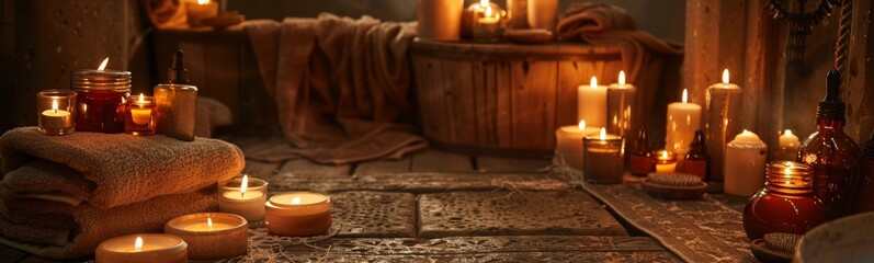 Fototapeta na wymiar Candles are lit in a rustic setting with towels and bottles. Hammam background . Banner