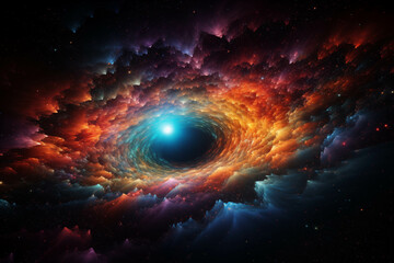 A black hole with a glowing constellation of various colors revolves around a black hole in the universe.