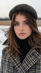 A woman with long brown hair and a black hat is standing in the snow. She has a plaid coat and a black sweater on